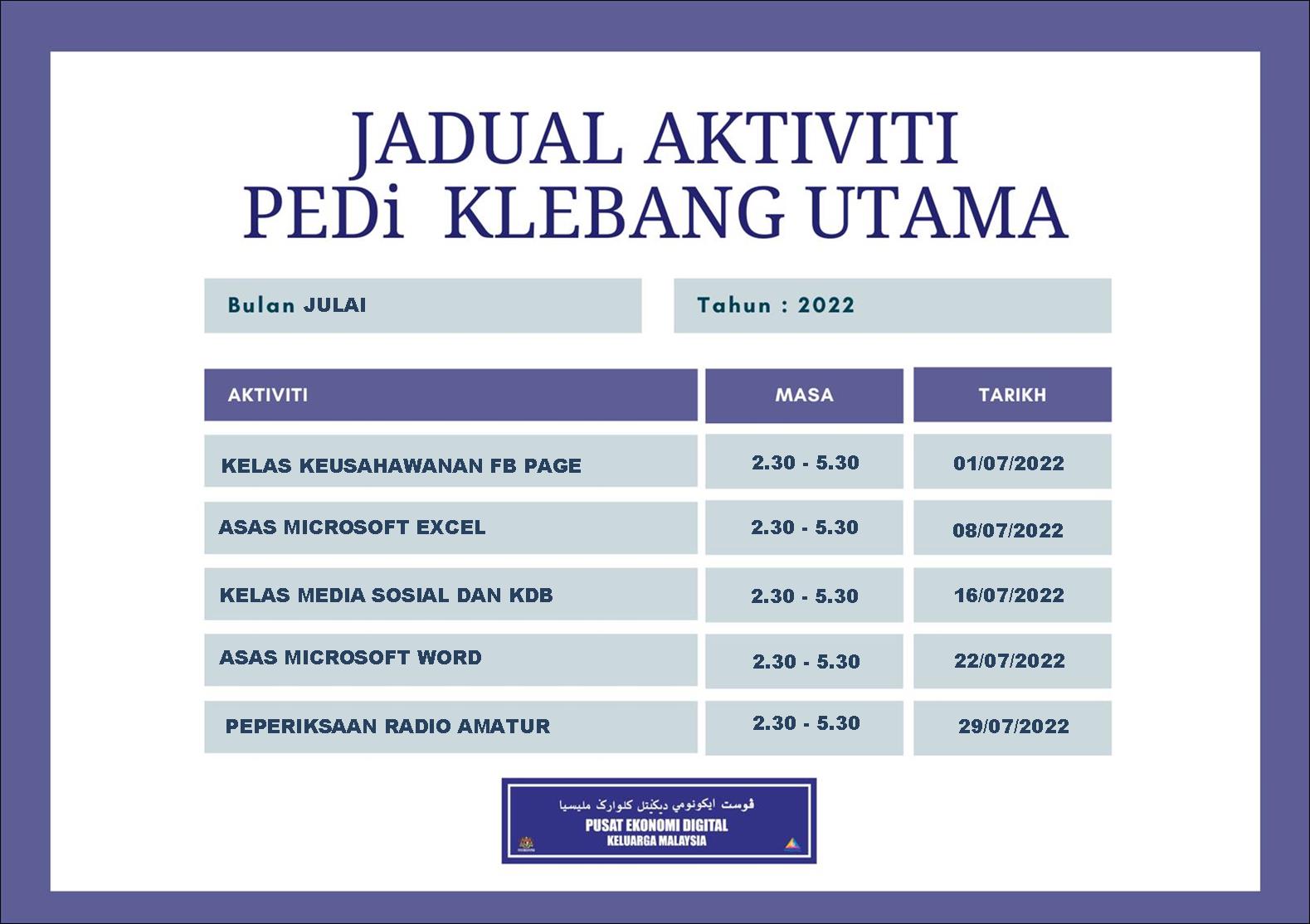 Jadual Aktiviti Portal JULAI